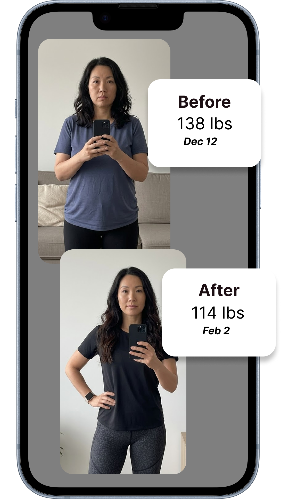 Before and after progress — 138 lbs to 114 lbs